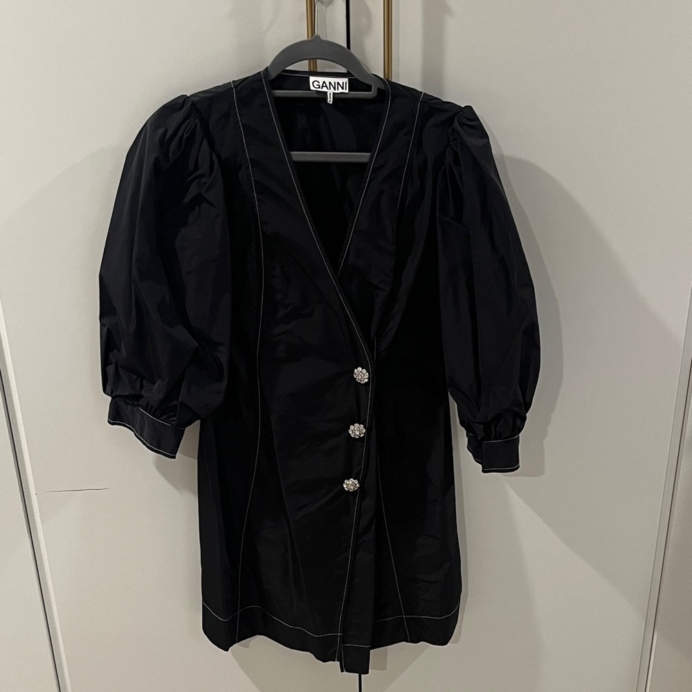 Ganni Black Puff Sleeve Buttoned Blouse with crystal brooch buttons
